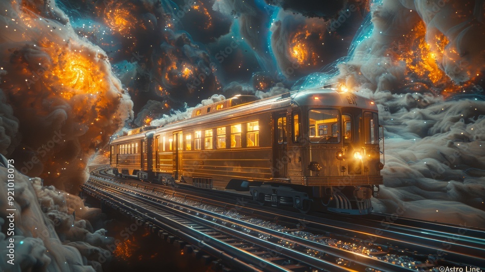 Obraz premium Majestic Vintage Train Traverses Cosmic Dimensions on Enchanted Railway