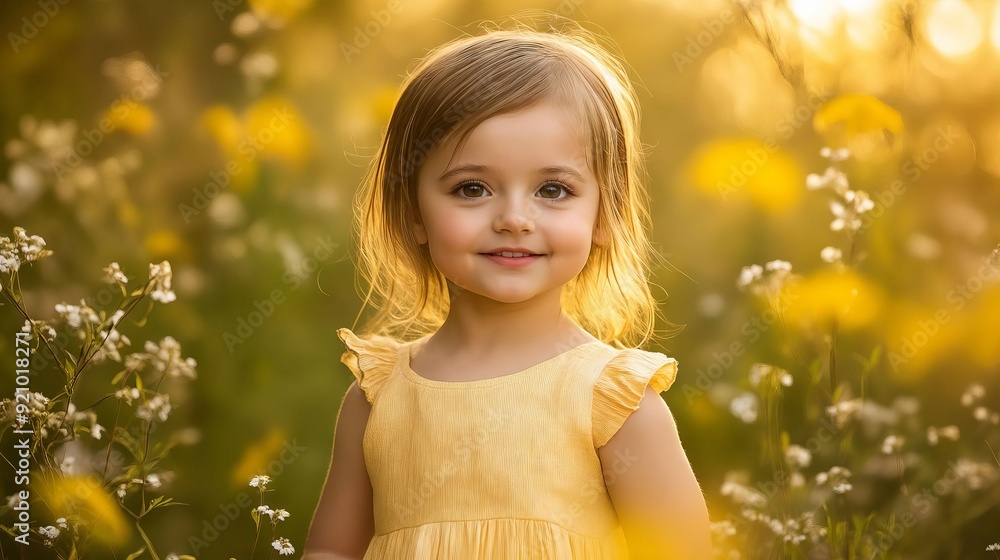 Fototapeta premium A little girl in a yellow dress standing in a field of flowers