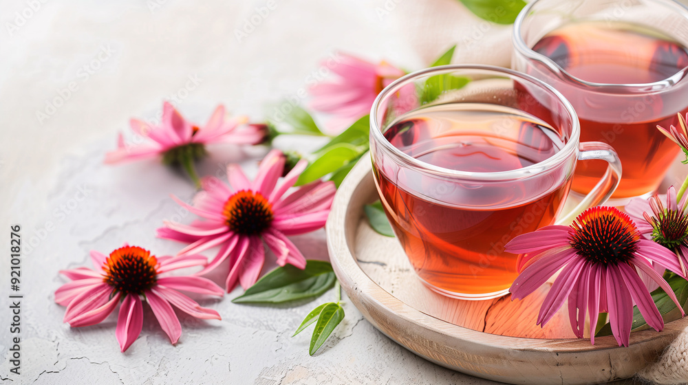 a glass cup of echinacea tea, with echinacea flowers and leaves arranged around it, set on a light wooden tray with a soft, neutral background a glass cup of echinacea tea, with echinacea flowers and leaves arranged around it, set on a light wooden tray with a soft, neutral background