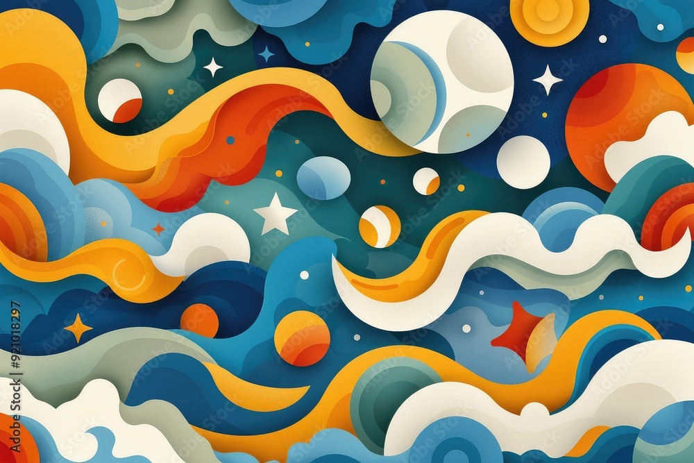 Abstract space illustration with planets, stars and clouds in a vibrant color palette. Abstract space illustration with planets, stars and clouds in a vibrant color palette.