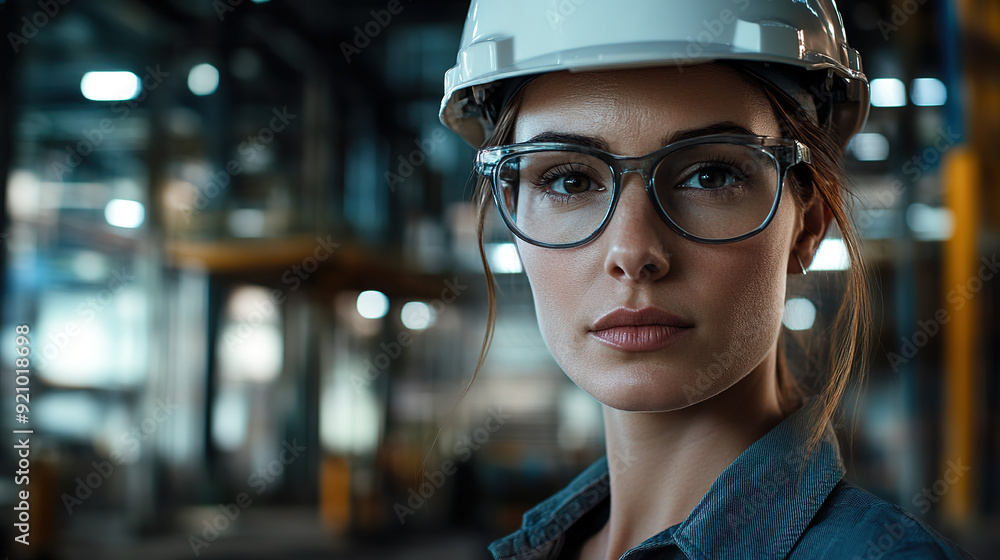 Close-up of a female industrial worker in safety glasses and a white hard hat, with a focused expression and dramatic lighting, working within an industrial facility.
Close-up of a female industrial worker in safety glasses and a white hard hat, with a focused expression and dramatic lighting, working within an industrial facility.