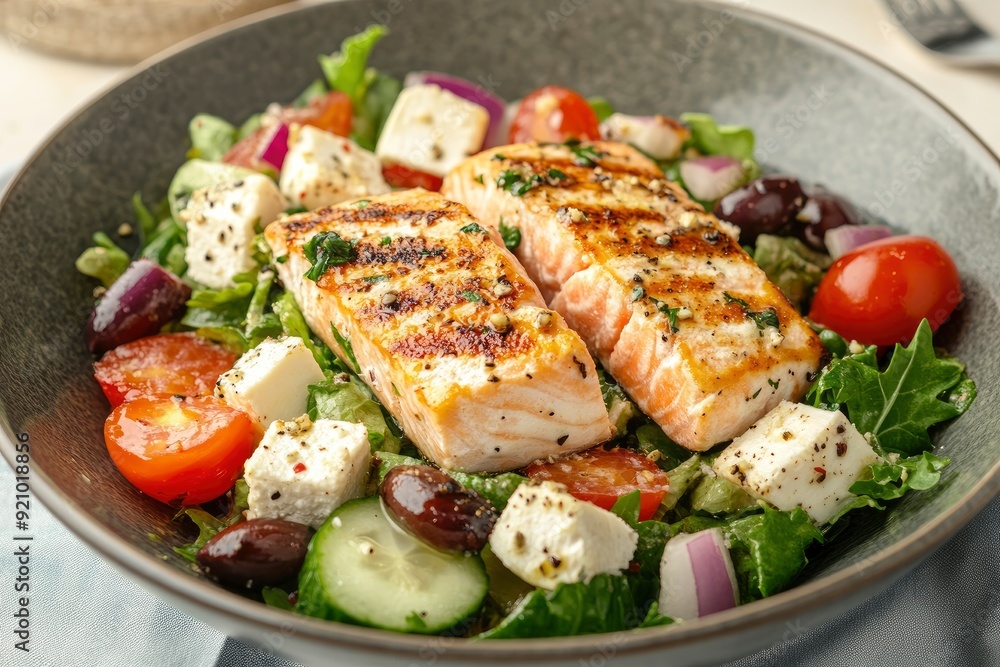 Greek salad with grilled salmon fish. Traditional mediterranean cuisine. Healthy food, diet - generative ai Greek salad with grilled salmon fish. Traditional mediterranean cuisine. Healthy food, diet - generative ai