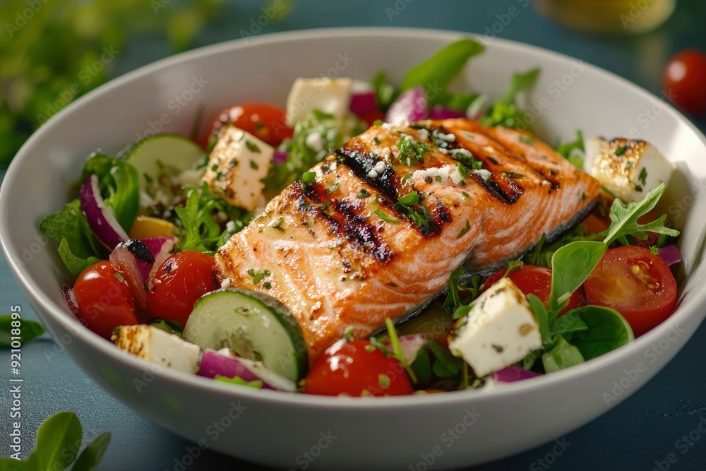 Greek salad with grilled salmon fish. Traditional mediterranean cuisine. Healthy food, diet - generative ai Greek salad with grilled salmon fish. Traditional mediterranean cuisine. Healthy food, diet - generative ai