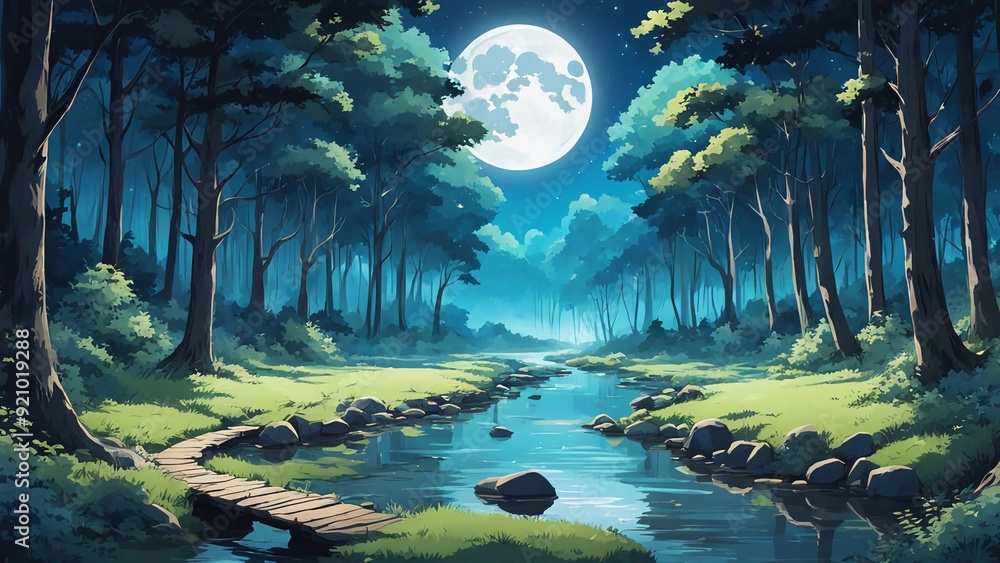 Anime style of a quiet forest clearing with a small stream flowing ...