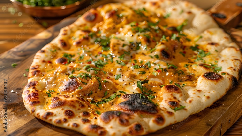 Close-up of a Delicious Indian Flatbread with Creamy Chicken Curry Close-up of a Delicious Indian Flatbread with Creamy Chicken Curry