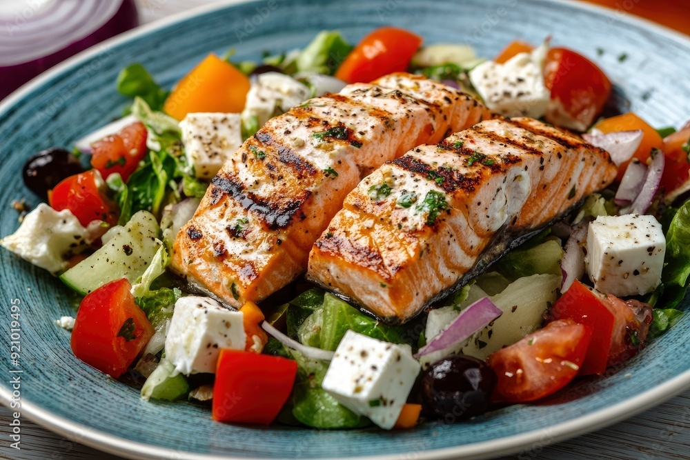 Greek salad with grilled salmon fish. Traditional mediterranean cuisine. Healthy food, diet - generative ai Greek salad with grilled salmon fish. Traditional mediterranean cuisine. Healthy food, diet - generative ai