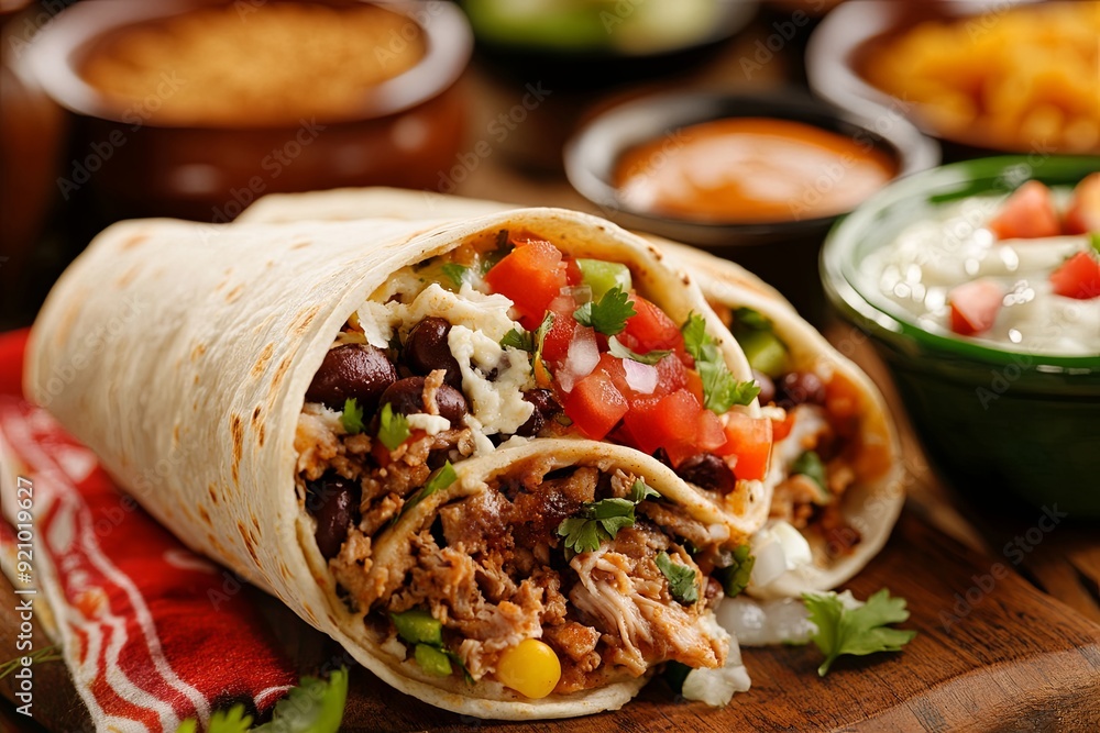 A delicious burrito filled with shredded meat, beans, and fresh vegetables served on a wooden table A delicious burrito filled with shredded meat, beans, and fresh vegetables served on a wooden table