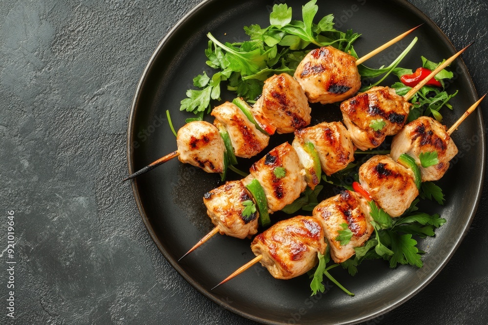 Grilled chicken kebab on a plate over dark metal tray. Top view with copy space - generative ai Grilled chicken kebab on a plate over dark metal tray. Top view with copy space - generative ai
