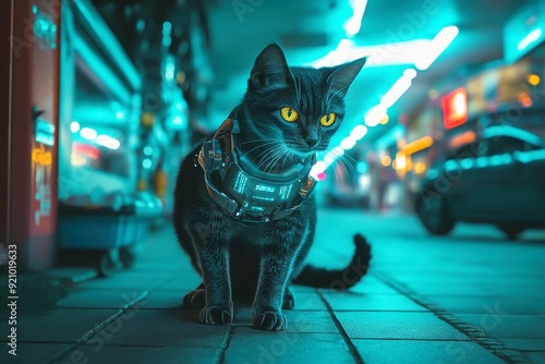 Cyberpunk Feline Explorer, a cat with a robotic tail navigating a vibrant digital marketplace, immersed in the dynamic world of cyber economy and innovation.