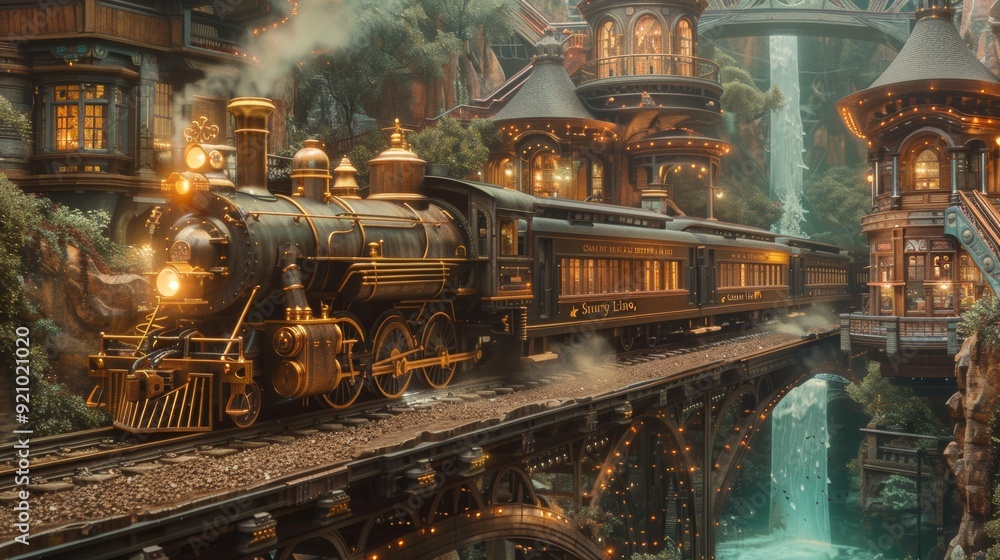 Majestic Steam Powered Train Traversing Fantastical Cosmic Landscapes on Intricate Railway Majestic Steam Powered Train Traversing Fantastical Cosmic Landscapes on Intricate Railway