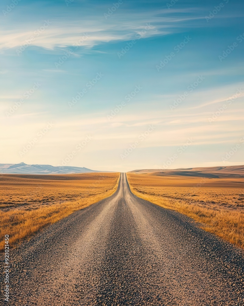 Fototapeta premium Panoramic view of a deserted gravel road disappearing into the horizon, expansive arid plains, soft blue sky with wispy clouds, warm golden light, tranquil and endless scenery