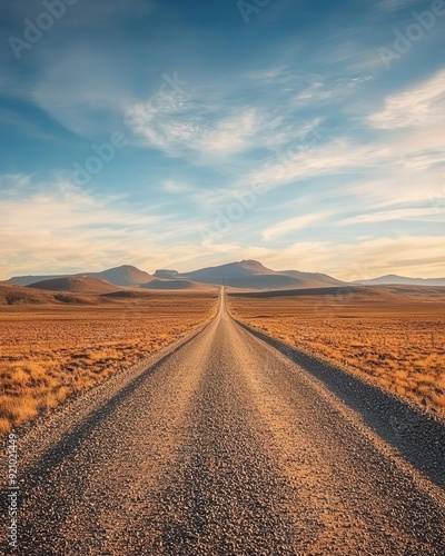 Panoramic view of a deserted gravel road disappearing into the horizon, expansive arid plains, soft blue sky with wispy clouds, warm golden light, tranquil and endless scenery