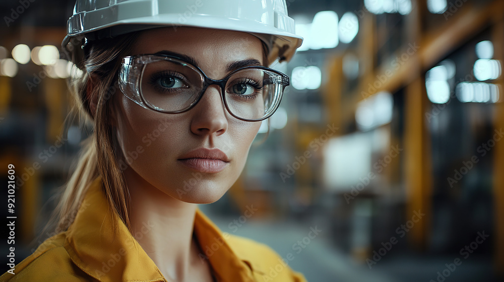 Eye-level editorial shot of an industrial woman with glasses and a white hard hat, posing confidently in an industrial building with accent lighting for a cinematic effect. Eye-level editorial shot of an industrial woman with glasses and a white hard hat, posing confidently in an industrial building with accent lighting for a cinematic effect.