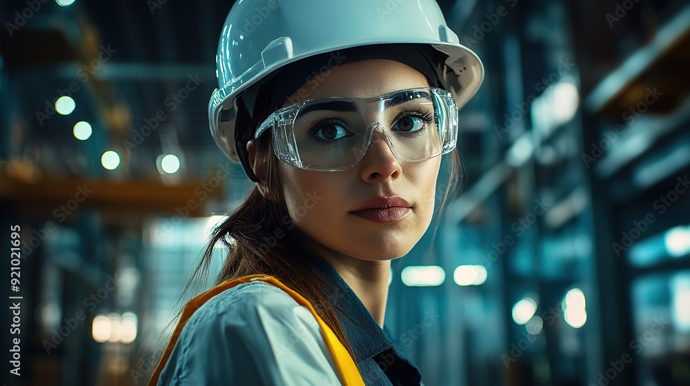 Eye-level editorial shot of an industrial woman with glasses and a white hard hat, posing confidently in an industrial building with accent lighting for a cinematic effect. Eye-level editorial shot of an industrial woman with glasses and a white hard hat, posing confidently in an industrial building with accent lighting for a cinematic effect.
