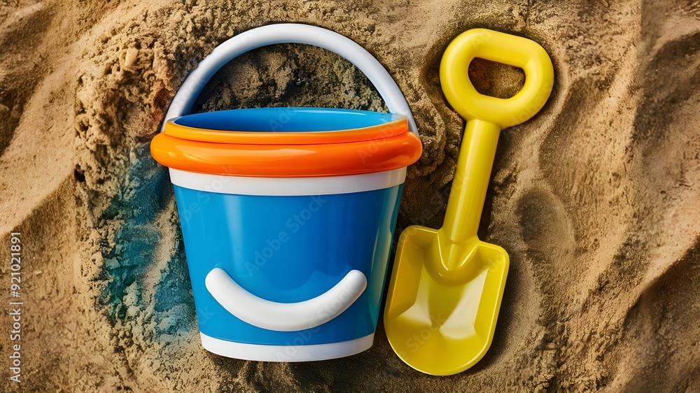 A realistic-looking beach trowel and plastic bucket A realistic-looking beach trowel and plastic bucket