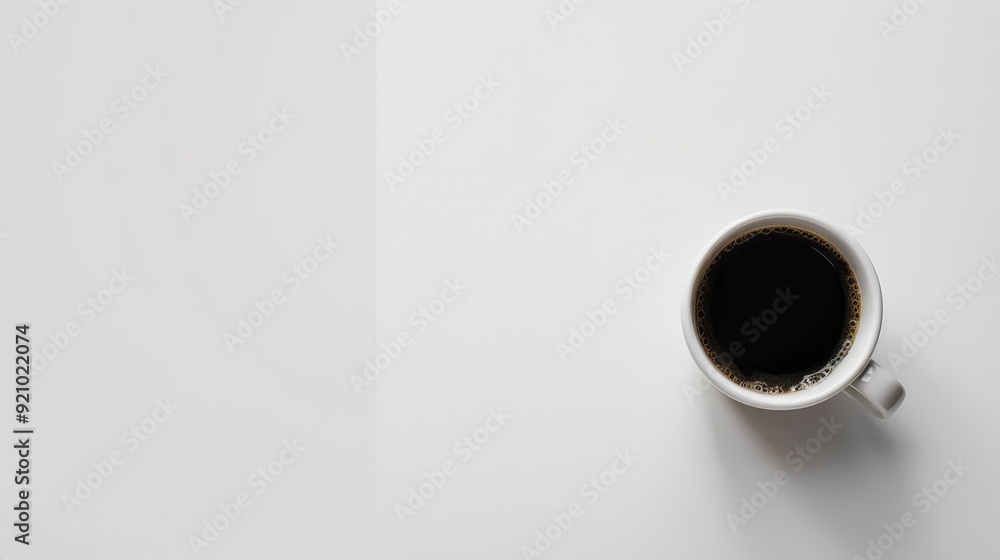 A minimalist coffee background with a single cup of black coffee on a white surface. A minimalist coffee background with a single cup of black coffee on a white surface.