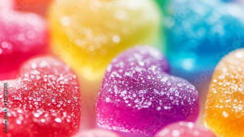 Rainbow Candy Hearts: A vibrant closeup of colorful heart-shaped candies, each glistening with sugar crystals and radiating a delightful rainbow of hues. 