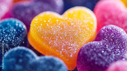 Sweet Hearts: A vibrant close-up of heart-shaped candies, glistening with sugar crystals, captures the essence of love and sweetness in a playful and delicious way.  