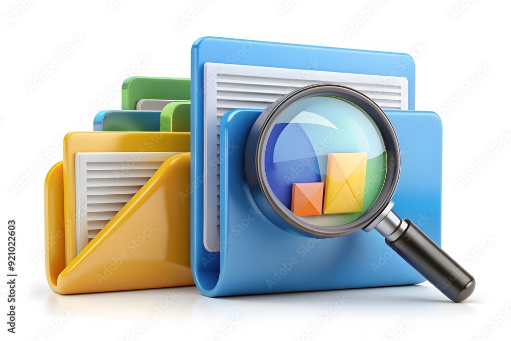 Folders and Magnifying Glass Isolated. File Search Concept. 3D rendering
Folders and Magnifying Glass Isolated. File Search Concept. 3D rendering
