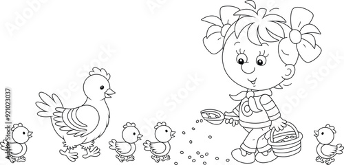 Little girl farmer standing with a small bucket of feed grain and feeding a brood of funny chicks and a cute hen on a chicken farm, black and white vector cartoon illustration for a coloring book page