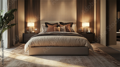 Double bed in modern bedroom interior design. 3d render illustration.