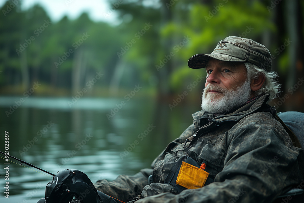 Obraz premium A man with a prosthetic leg fishing on a lake, sitting in a boat and enjoying the calm water