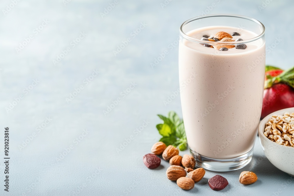 Detailed image of a protein shake with dynamic energy bursts, protein intake, post-workout recovery concept Detailed image of a protein shake with dynamic energy bursts, protein intake, post-workout recovery concept