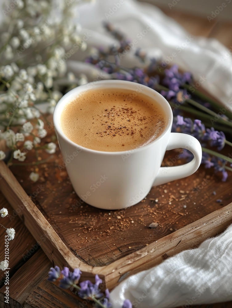 A cup of coffee with a sprinkle of cinnamon, surrounded by lavender and baby's breath on a wooden tray. A cup of coffee with a sprinkle of cinnamon, surrounded by lavender and baby's breath on a wooden tray.