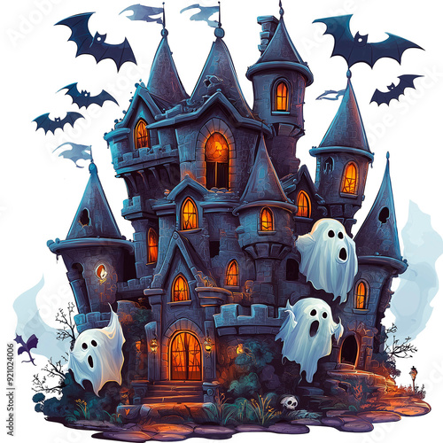 Spooky abandoned haunted house illustration with eerie atmosphere and ghostly shadows. Scary clipart of a dilapidated mansion in dark tones, perfect for Halloween themes and horror design projects. photo