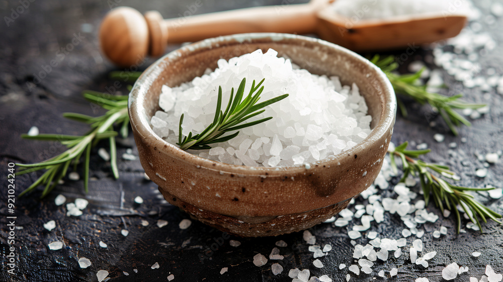 coarse sea salt crystals in a ceramic bowl, with a few sprigs of rosemary and a wooden scoop coarse sea salt crystals in a ceramic bowl, with a few sprigs of rosemary and a wooden scoop