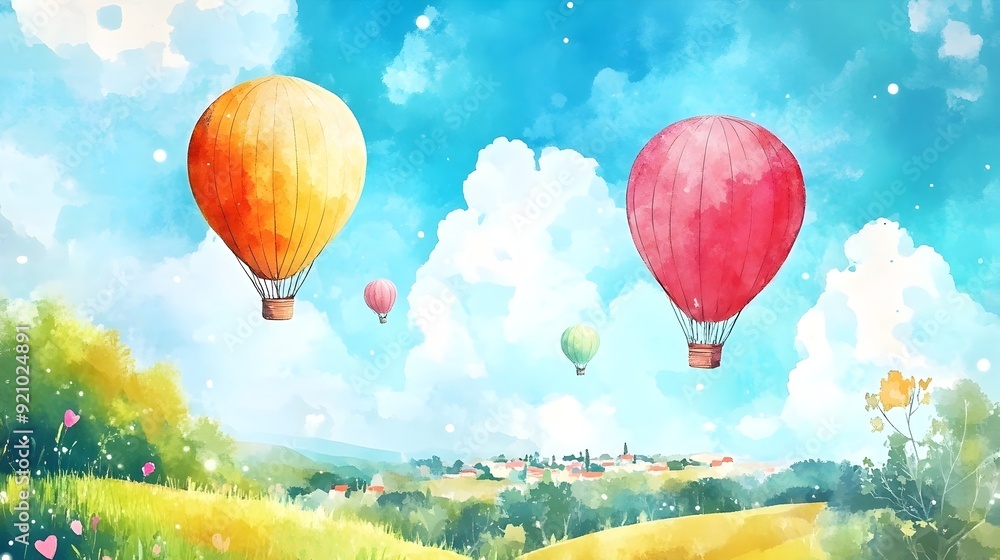 Fototapeta premium Whimsical Watercolor Balloons Floating Over Peaceful Countryside Landscape