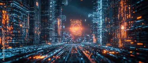 Futuristic Cityscape with Glowing Lights and Digital Structures