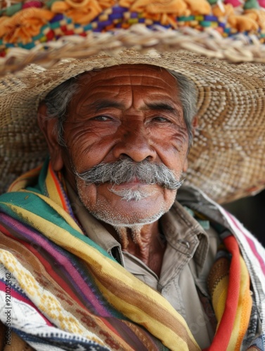 Portrait of an elderly Mexican man wearing a sambrero and national dress. photo