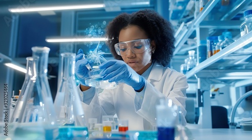 Female scientist in a lab, working with a petri dish...