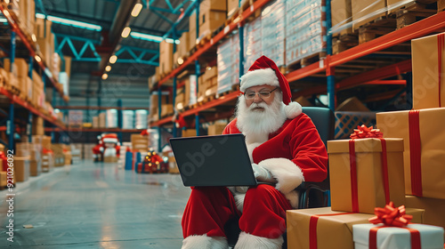 Santa Claus checks his laptop amidst a warehouse of gifts