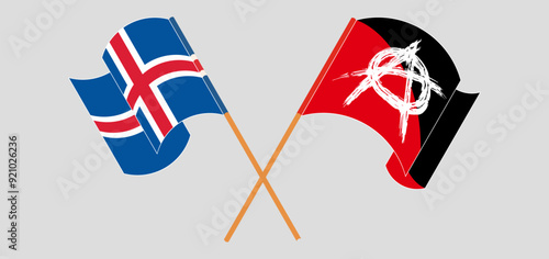 Crossed and waving flags of Iceland and Anarchy