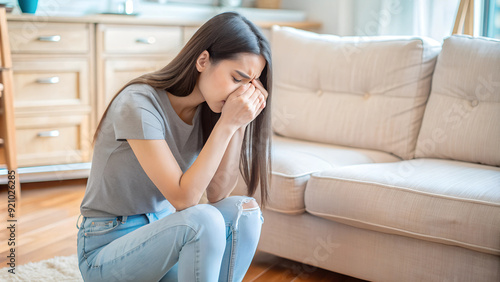 Lonely Asian Woman Feeling Sad and Unhappy, Struggling with Grief and Relationship Issues