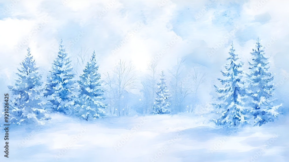 Fototapeta premium Serene Watercolor Winter Wonderland with Snow-Covered Trees and Soft Blues