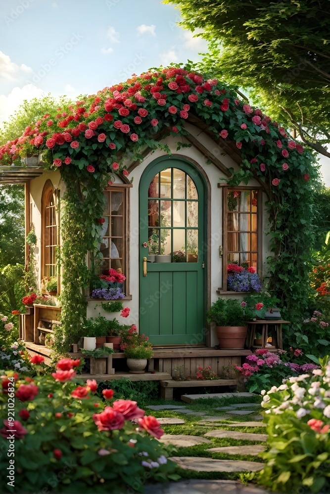 Plain Little tiny house in a floral garden with blooming flowers Plain Little tiny house in a floral garden with blooming flowers