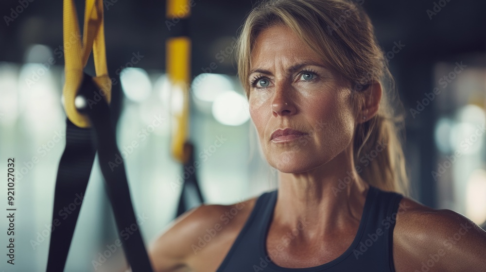 Obraz premium Portrait of a Middle Aged Woman Exercising in the Gym