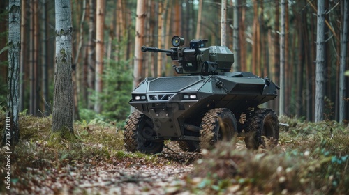 Autonomous armored vehicle - a small armored vehicle that can be controlled remotely. Install machine guns and CCTV cameras. moving through the forest