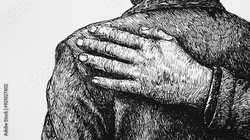 Pen and ink drawing of a reassuring hand on a shoulder