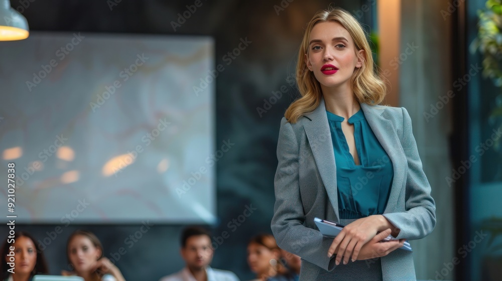 Business meeting - young Caucasian woman wearing a gray suit and blue blouse Presenting a document with a projector in a conference room Business meeting - young Caucasian woman wearing a gray suit and blue blouse Presenting a document with a projector in a conference room