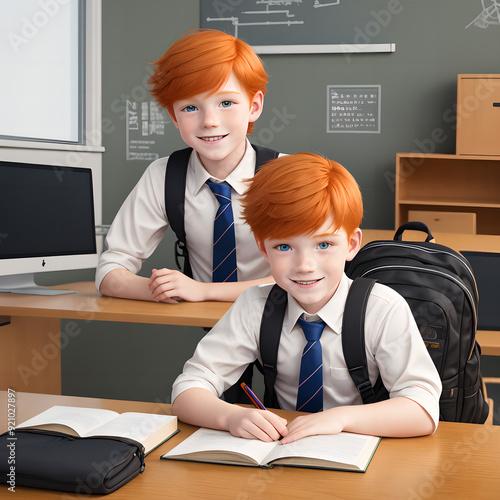 Schoolboys ginger redhead brothers classmates children in uniform in the classroom with books, backpacks, sitting at their desks. Blackboard on the background. Back to school concept.