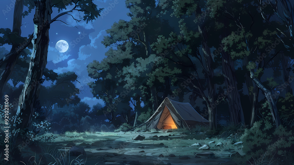 horror camping, a tent in nature, anime manga style horror camping, a tent in nature, anime manga style