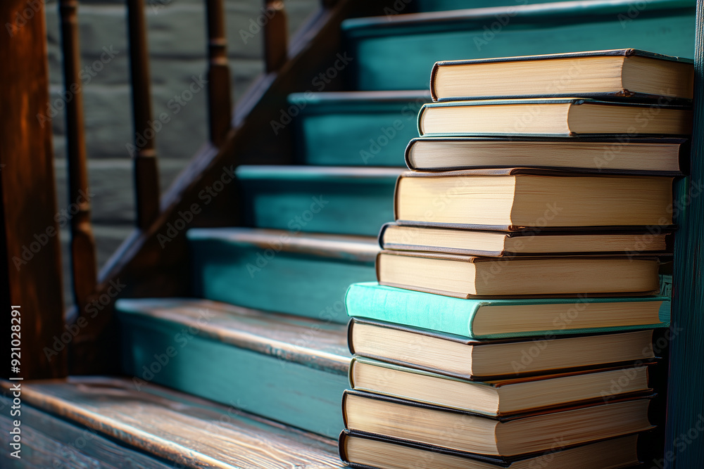 To Learn Is To Grow, And Growing Is The Point Of Life, vintage books stacked on the stairs, dark wood wall background To Learn Is To Grow, And Growing Is The Point Of Life, vintage books stacked on the stairs, dark wood wall background