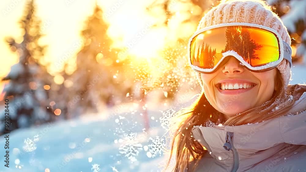 Closeup of a smiling young woman wearing a jacket and skiing or snowboarding goggles and equipment. Enjoying the snowy trail during a cold winter season day outdoors, with a beautiful sunset in the ba Closeup of a smiling young woman wearing a jacket and skiing or snowboarding goggles and equipment. Enjoying the snowy trail during a cold winter season day outdoors, with a beautiful sunset in the ba
