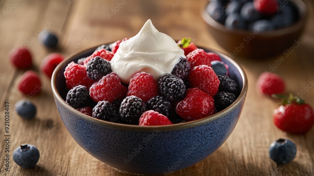 Fototapeta premium Bowl of Berries with Whipped Cream