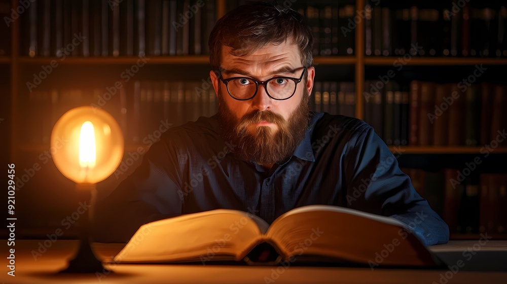 A focused man with glasses reads a book under warm light in a cozy library, creating a scholarly atmosphere. A focused man with glasses reads a book under warm light in a cozy library, creating a scholarly atmosphere.