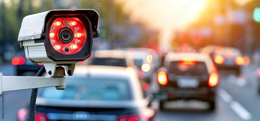 Security camera mounted on a pole overlooking a busy street with cars driving by. The camera is white with a black lens and red LEDs. Security camera mounted on a pole overlooking a busy street with cars driving by. The camera is white with a black lens and red LEDs.